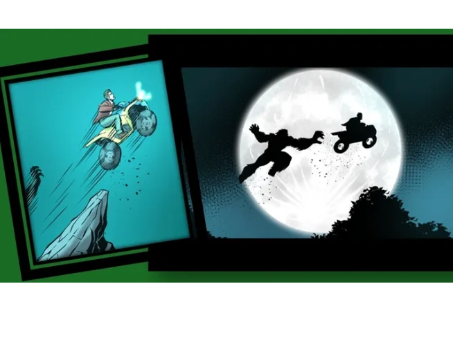 Silhouetted figure and ATV jump dramatically against a full moon.