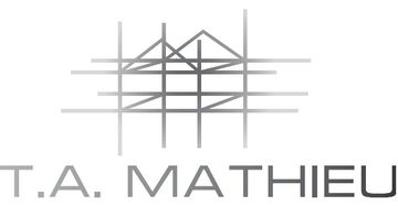 Logo for T.A. Mathieu with a geometric house design.