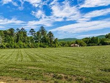 Open green field with blue sky and scattered clouds.