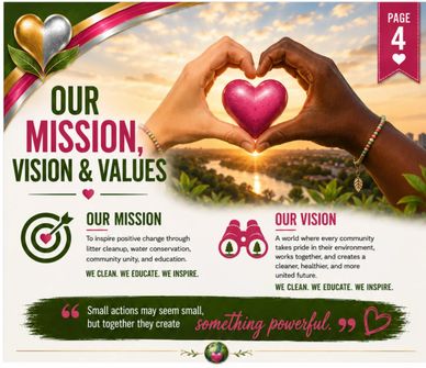 Hands forming a heart with messages about mission, vision, and values.
