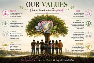 Illustration of values emphasizing unity, respect, honesty, and hope linked to one human race on one planet.