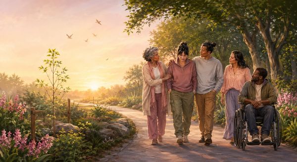 Group of diverse friends walking on a peaceful path at sunset.