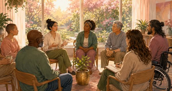A diverse group discusses in a sunny, cozy room.