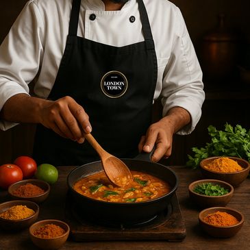 Chef cooking Indian vegetarian dish at London Town Restaurant 