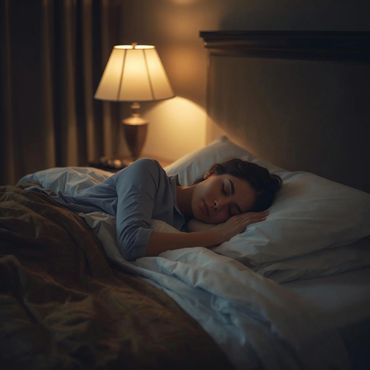A woman sleeping peacefully in a cozy, softly lit hotel room with warm ambient lighting.