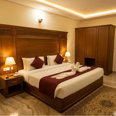 Deluxe hotel room with double bed and warm lighting.