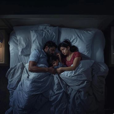 A family enjoying a calm, comfortable stay in our hotel room.