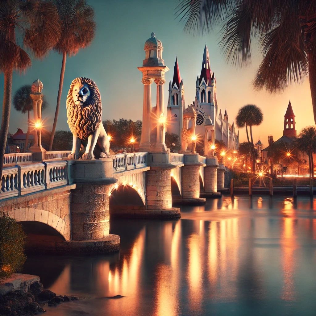 Bridge of Lions, sunset, St. Augustine, Florida magical setting of the Culebra Chronicles romantasy