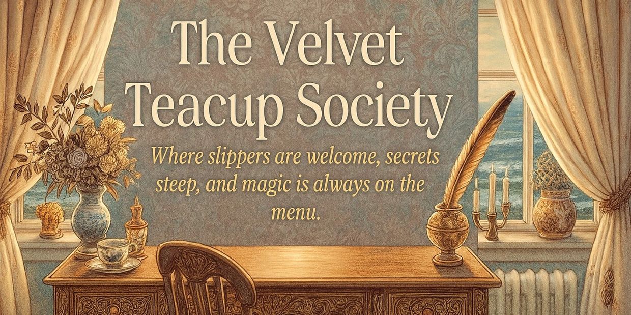 A cozy vintage desk scene with a welcoming Velvet Teacup Society sign.