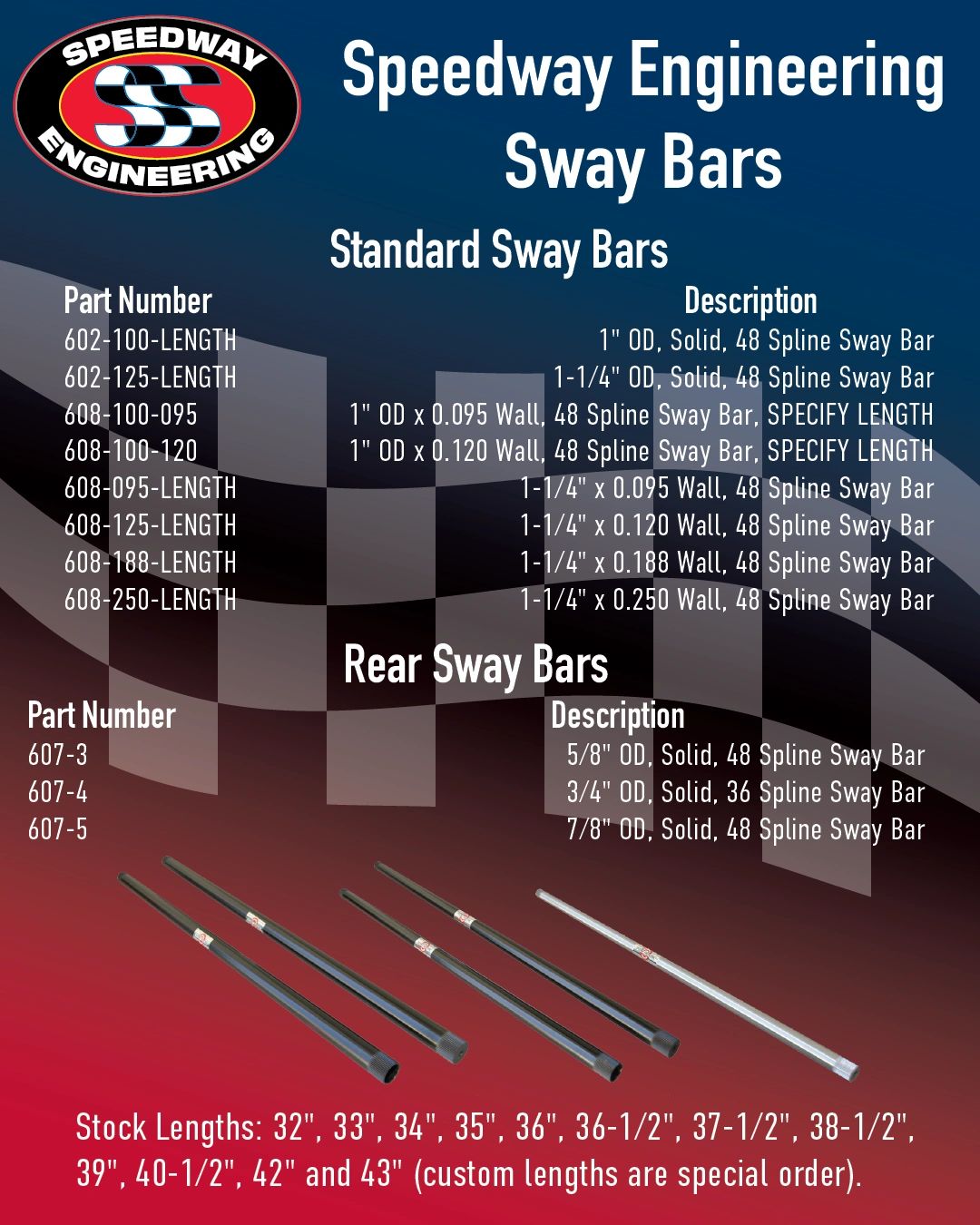 Speedway Engineering Sway Bars with various part numbers and descriptions for standard and rear bars.
