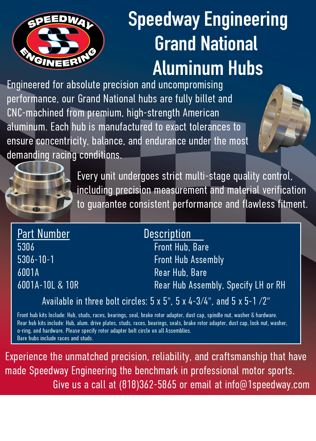 Speedway Engineering Grand National Aluminum Hubs engineered for precision and durability in racing.