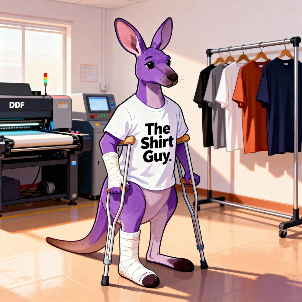 Injured purple kangaroo with crutches wearing a "The Shirt Guy." t-shirt in a printing shop.