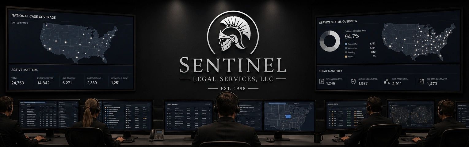 A high-tech legal services command center with multiple screens and operators monitoring case data.
