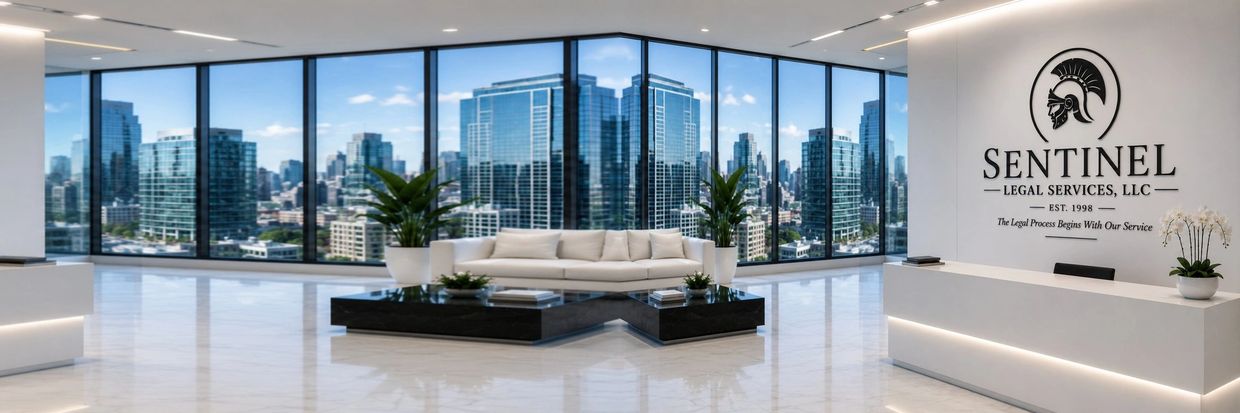 Modern office lobby with city view and Sentinel Legal Services logo.