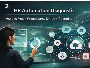 A woman interacts with a digital HR automation diagnostic interface.