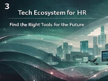 Futuristic tech ecosystem for HR with cityscape and digital waves.