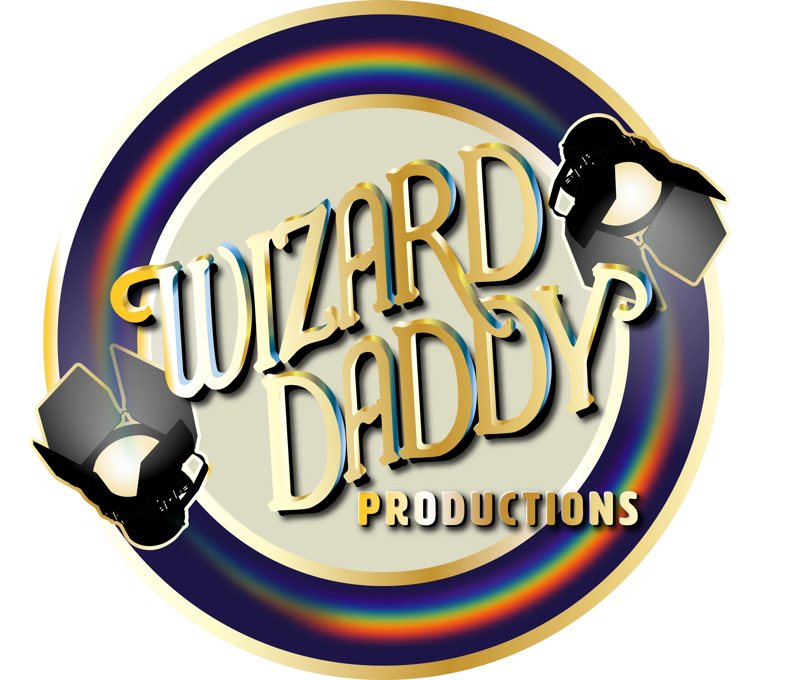Wizard Daddy script logo with lens background and cameras on either side. 