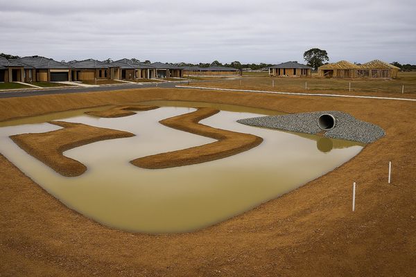 New suburban homes under construction near a stormwater retention pond. Wetland Infrastructure, Melbourne water drainage