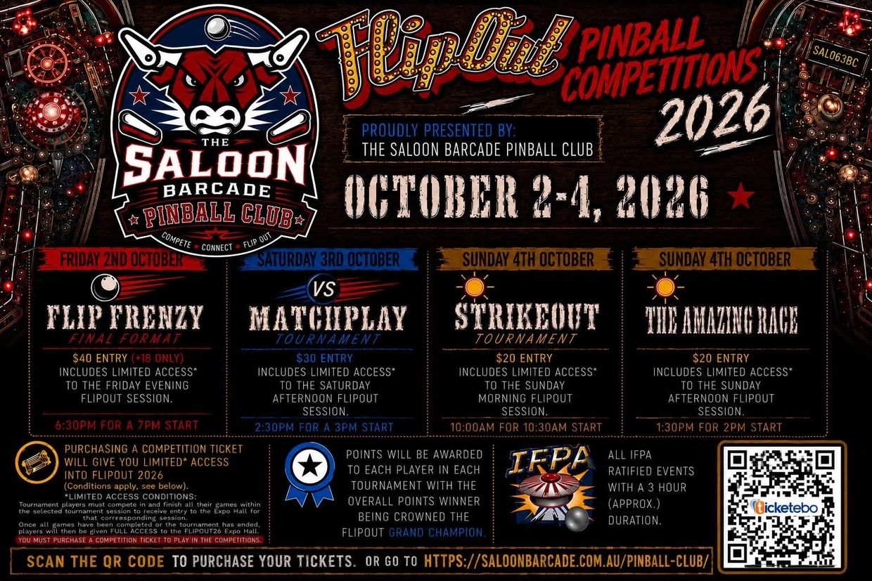 Flyer for Flip Out Pinball Competitions in October 2026.