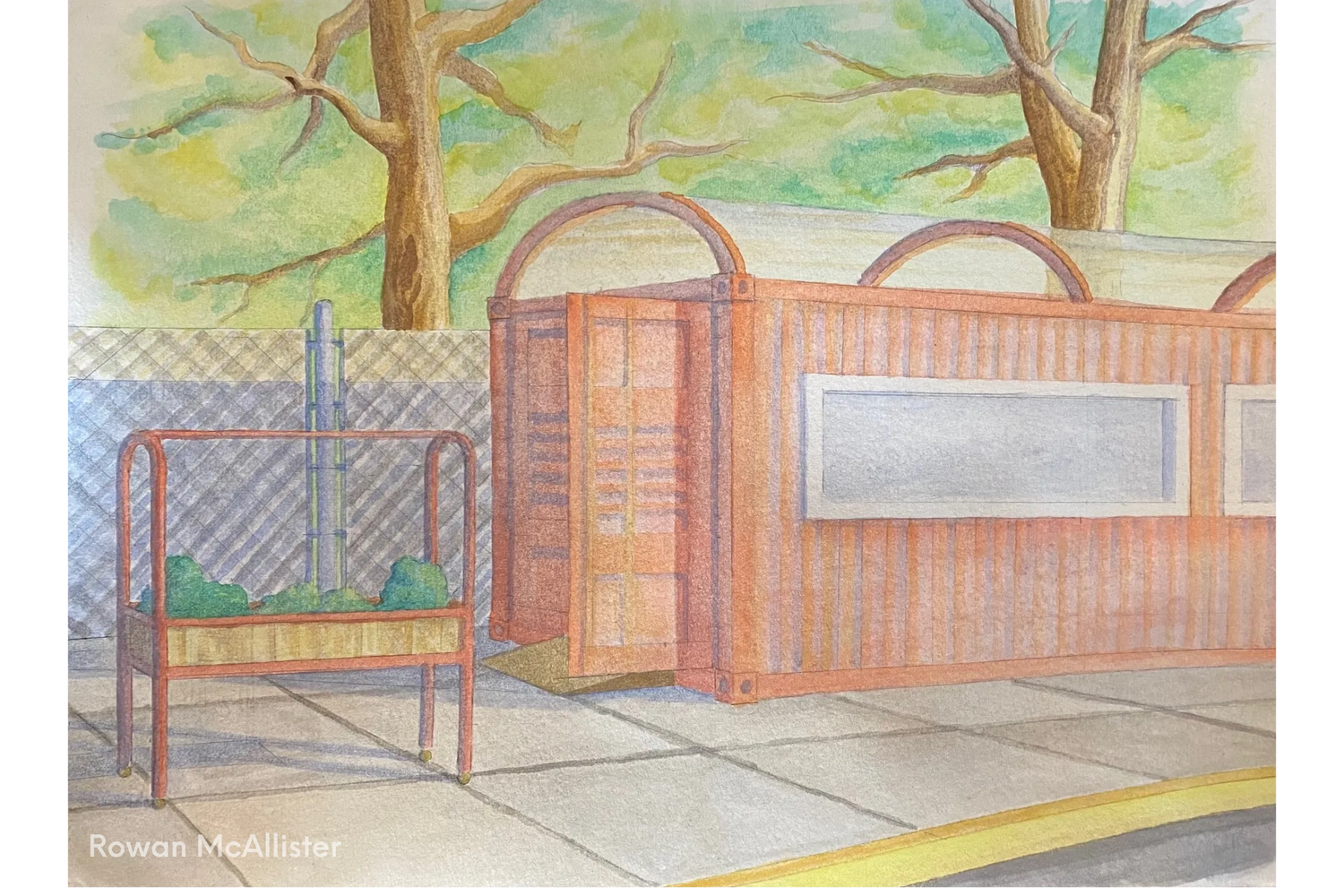 Rolling Roots Mini-farm watercolor rendering by Rowan McAllister