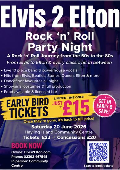 Elvis to Elton Rock 'n' Roll Party Night with live band and dancefloor fun.