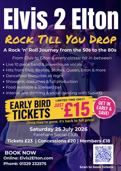 Elvis 2 Elton rock 'n' roll tribute event with live band and dance, July 2026.
