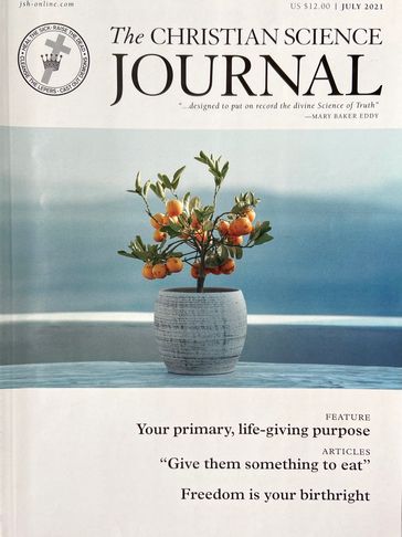The Christian Science Journal magazine with a picture of a pot and a mini orange tree.