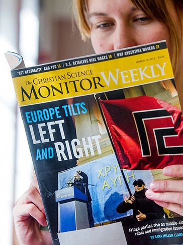A woman reading the Christian Science Monitor Weekly.