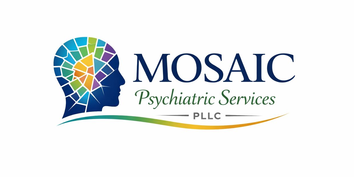 Logo of Mosaic Psychiatric Services featuring a colorful mosaic head silhouette.