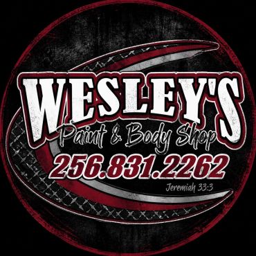 Wesley's Paint &amp; Body Shop logo with phone number and scripture reference.