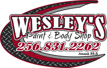 Logo for Wesley's Paint &amp; Body Shop with phone number.