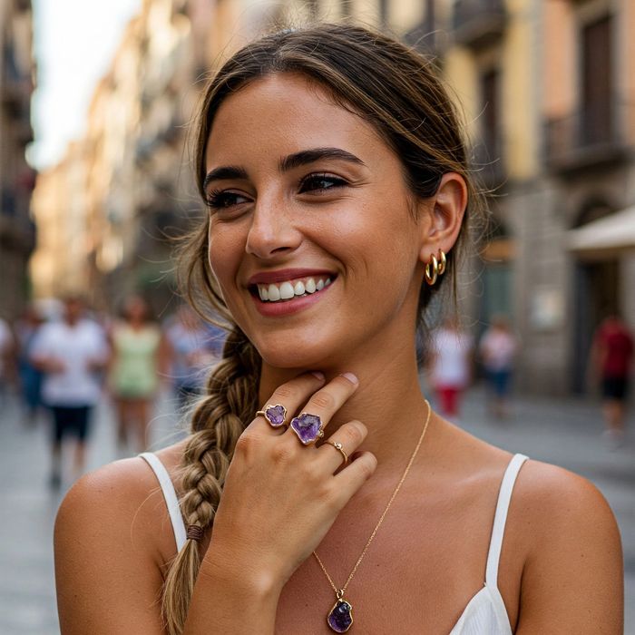 Handmade natural raw-cut amethyst gemstone jewelries, necklace and ring, 925 silver gold plated