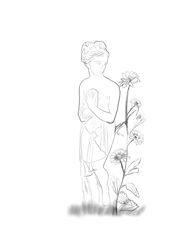 Sketch of a classical statue beside blooming flowers.