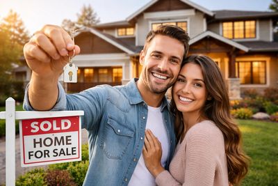 Happy couple holding keys in front of their newly sold home.
