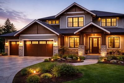 A modern two-story house with warm lighting and a well-maintained lawn at dusk.