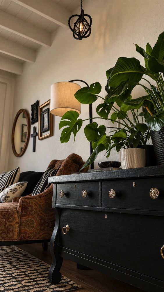 Cozy living room corner with plants and vintage furniture.