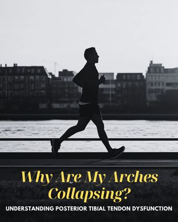 Silhouette of a man running by the water with text on foot arch health.