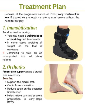 Treatment plan for PTTS with immobilization and orthotics.