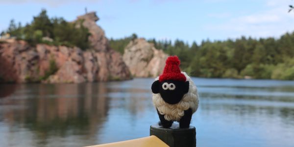 Toy sheep with a red hat with a lake in the background.