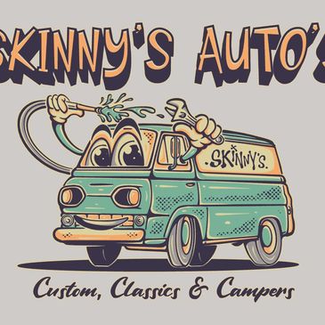 Skinny's Auto's logo, old camper van, cartoon style.