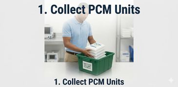 Person collecting PCM units into a green bin labeled for returns.
