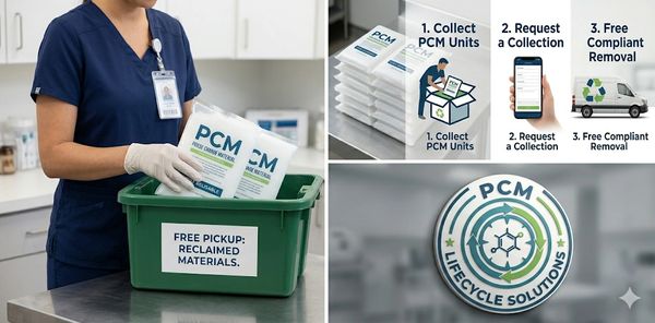 Healthcare worker placing PCM units in a green bin for free pickup and recycling.
