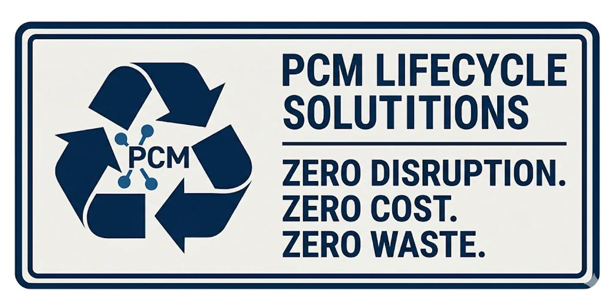 Sign promoting PCM Lifecycle Solutions with zero disruption, cost, and waste.