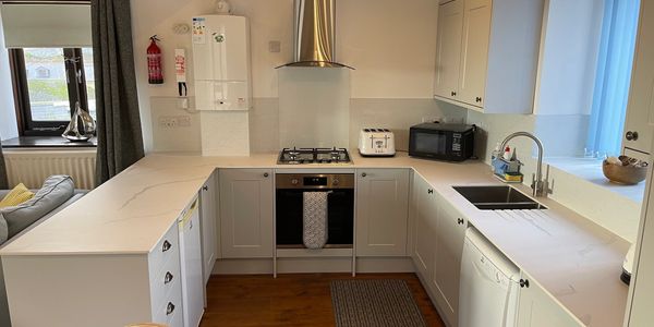 New kitchen inside Banjo Cottage, Looe, Cornwall