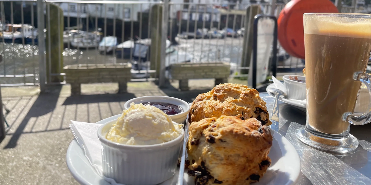 Cream tea and Latte in Cornwall