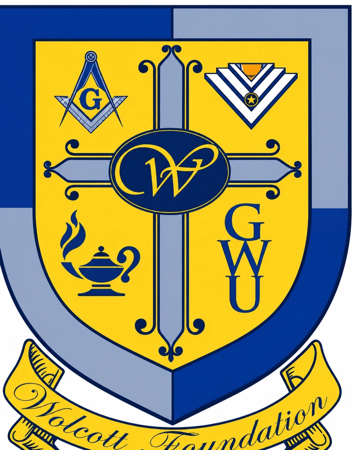 Coat of arms featuring a yellow shield with symbols and a banner.