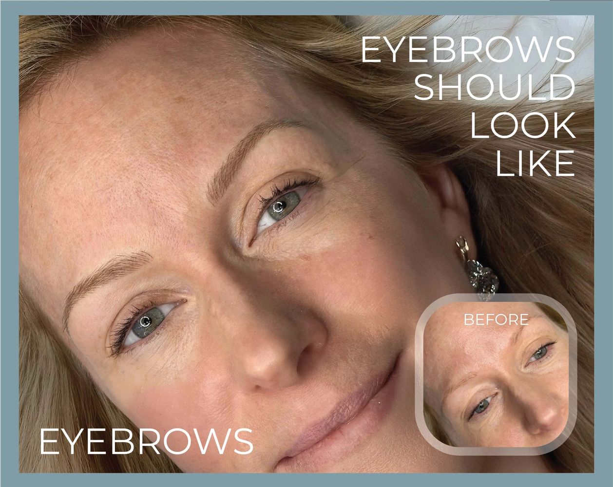 Before and after microblading enhancement on a woman's face.