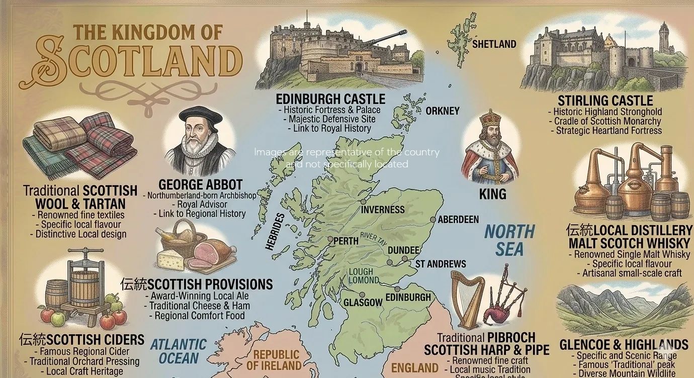 Illustrated map of Scotland highlighting castles, traditions, and local specialties.