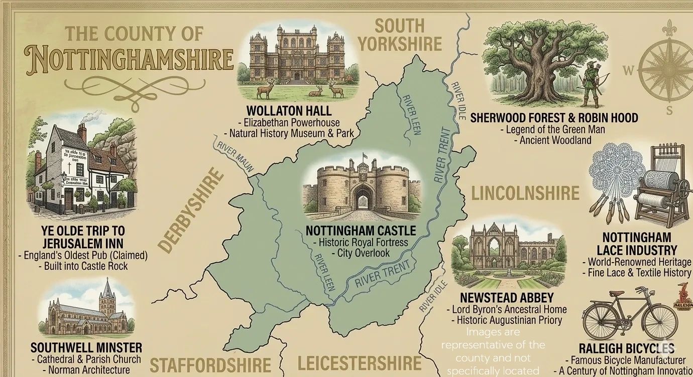 Map highlighting Nottinghamshire's landmarks and heritage.