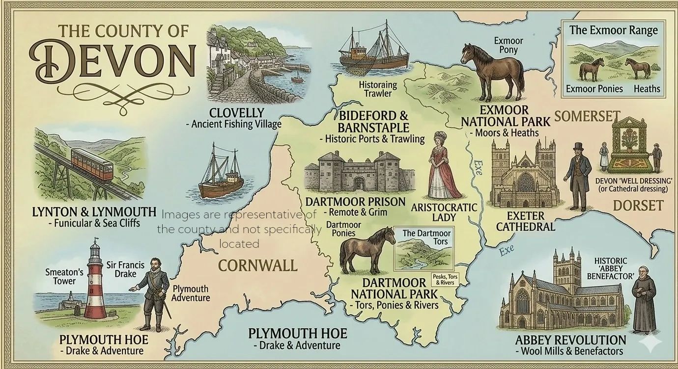 Illustrated map of Devon highlighting landmarks and cultural features.